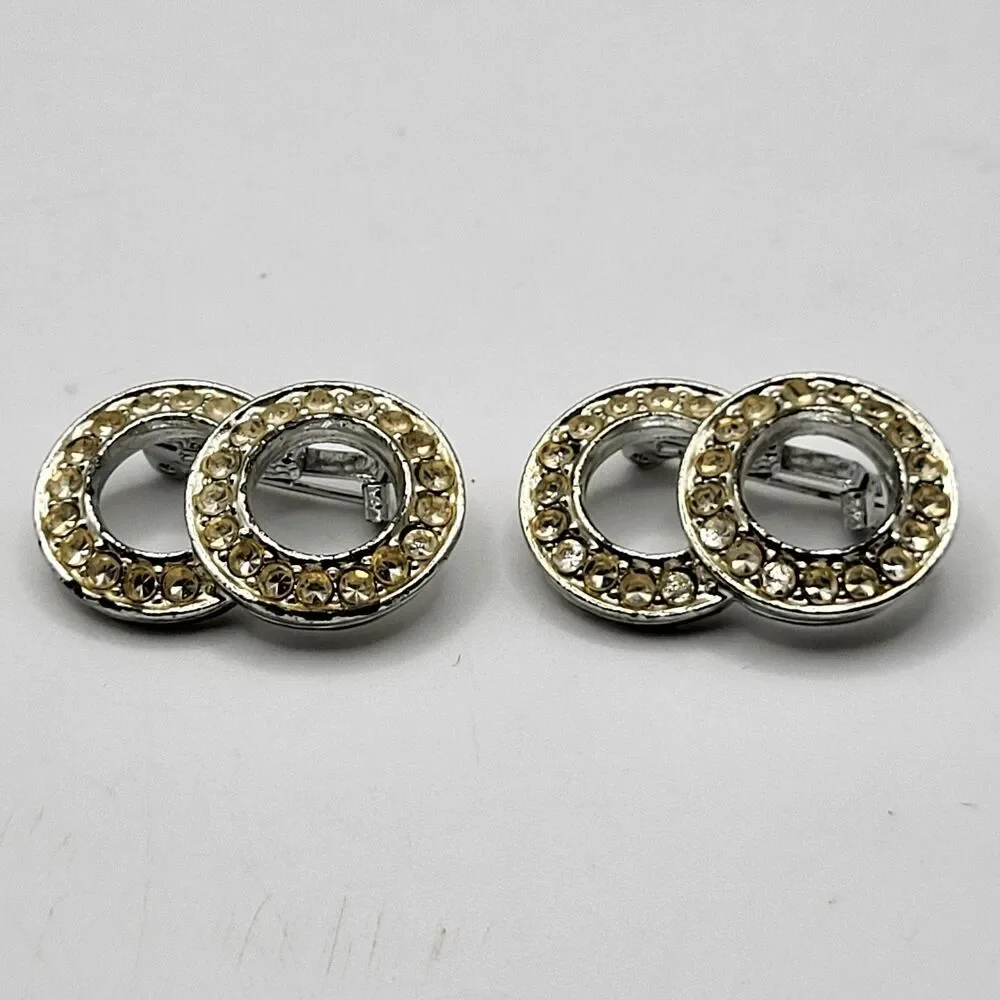 Estate lot of 2 Vintage Double Circle Rhinestone Pins 1.25in